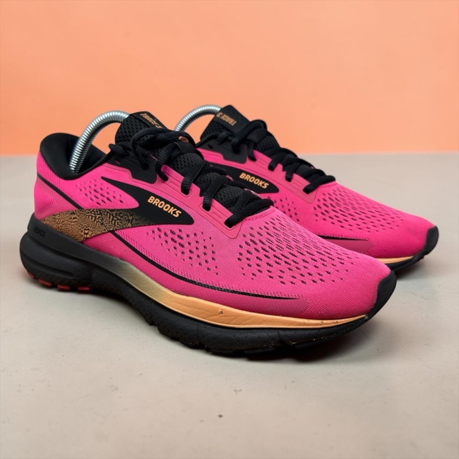Brooks Trace 2 Running Shoes Womens Pink Black Gold Animal Print Neutral Trainer